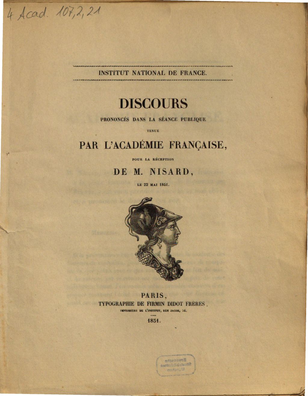 Cover of Discours prononcés dans la séance publique tenue par l'Académie française, pour la réception de M. Nisard, le 22 mai 1851