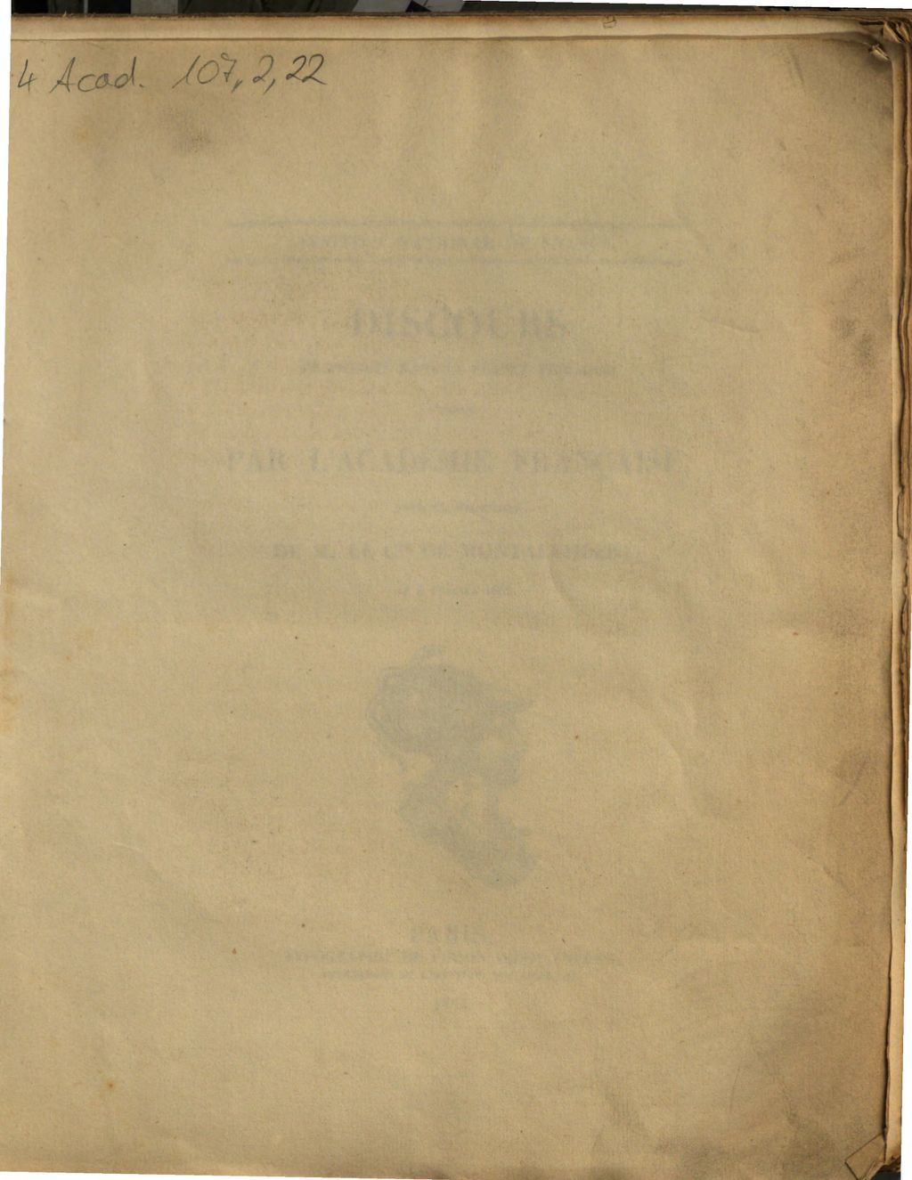 Cover of Discours prononcés dans la séance publique tenue par l'Académie française, pour la réception de M. le Cte de Montalembert, le 5 février 1852