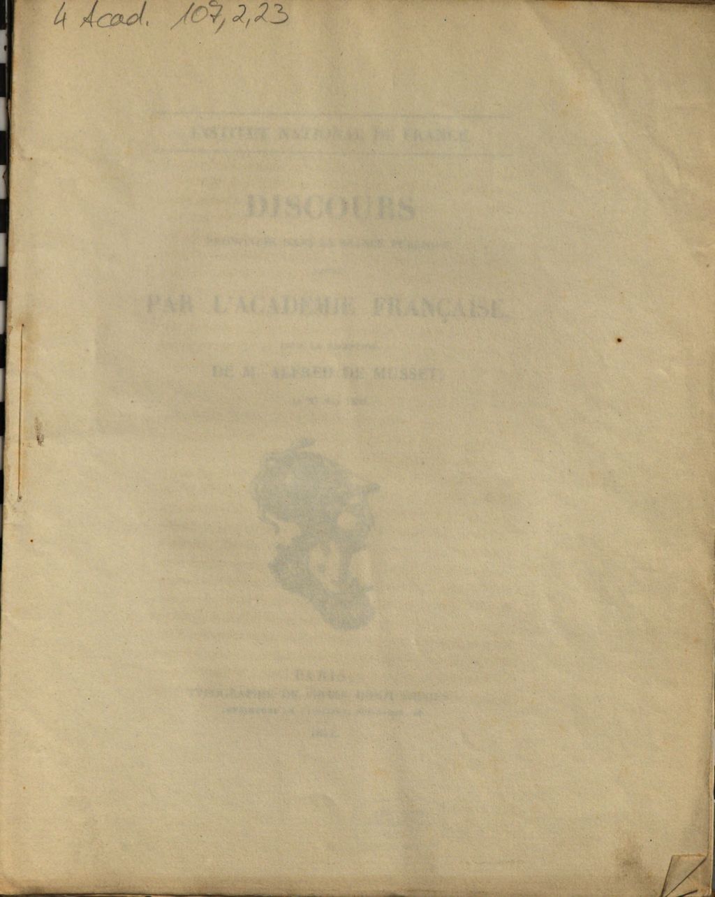Cover of Discours prononcés dans la séance publique tenue par l'Académie française, pour la réception de M. Alfred de Musset, le 27 mai 1852