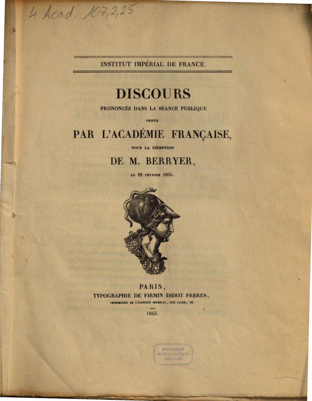 Cover of Discours prononcés dans la séance publique tenue par l'Académie française, pour la réception de M. Berryer, le 22 février 1855