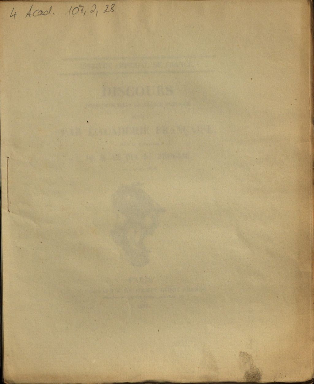 Cover of Discours prononcés dans la séance publique tenue par l'Académie française, pour la réception de M. le Duc de Broglie, le 3 avril 1856