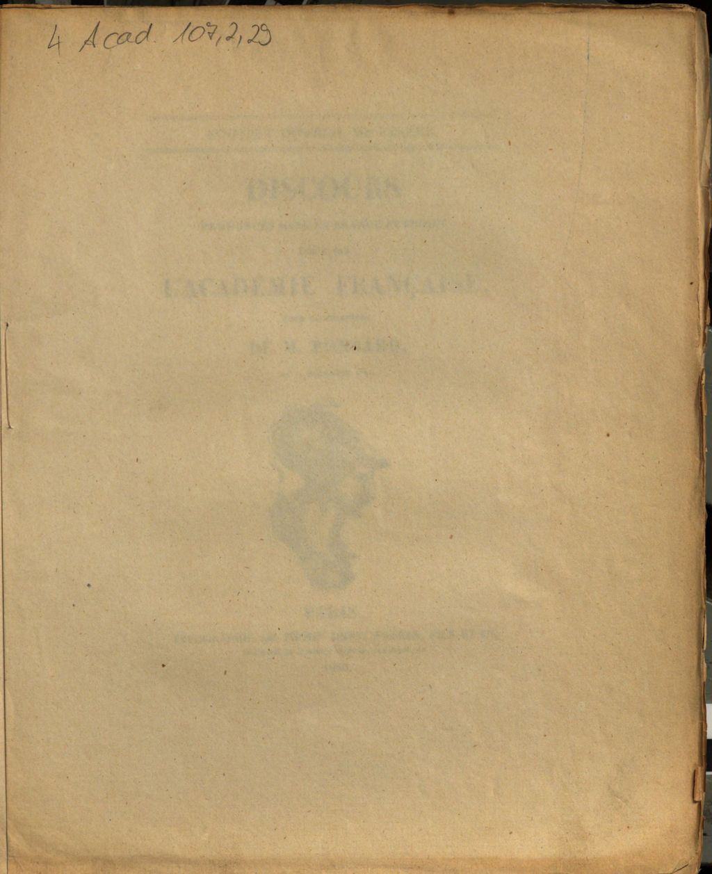 Cover of Discours prononcés dans la séance publique tenue par l'Académie française, pour la réception de M. Ponsard, le 4 décembre 1856
