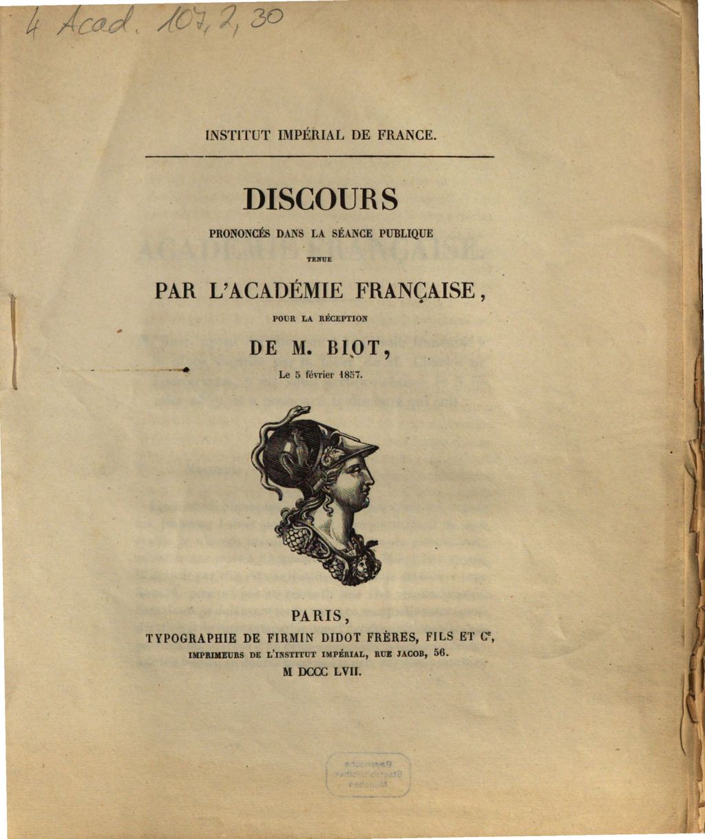 Cover of Discours prononcés dans la séance publique tenue par l'Académie française, pour la réception de M. Biot, le 5 février 1857