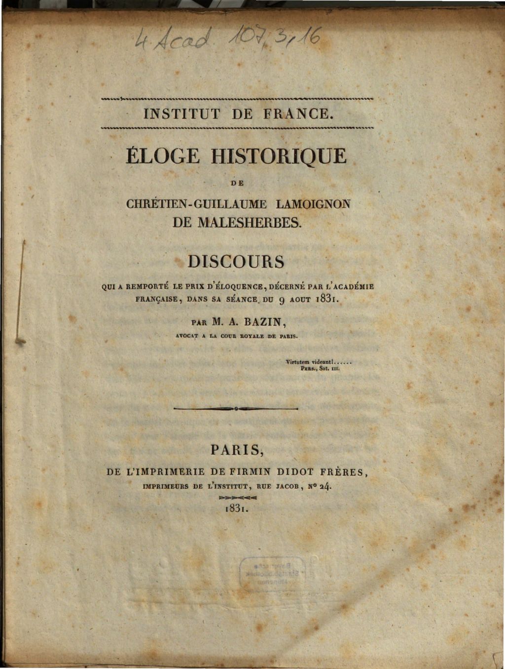 Cover of Éloge historique de Chrétien-Guillaume Lamoignon de Malesherbes