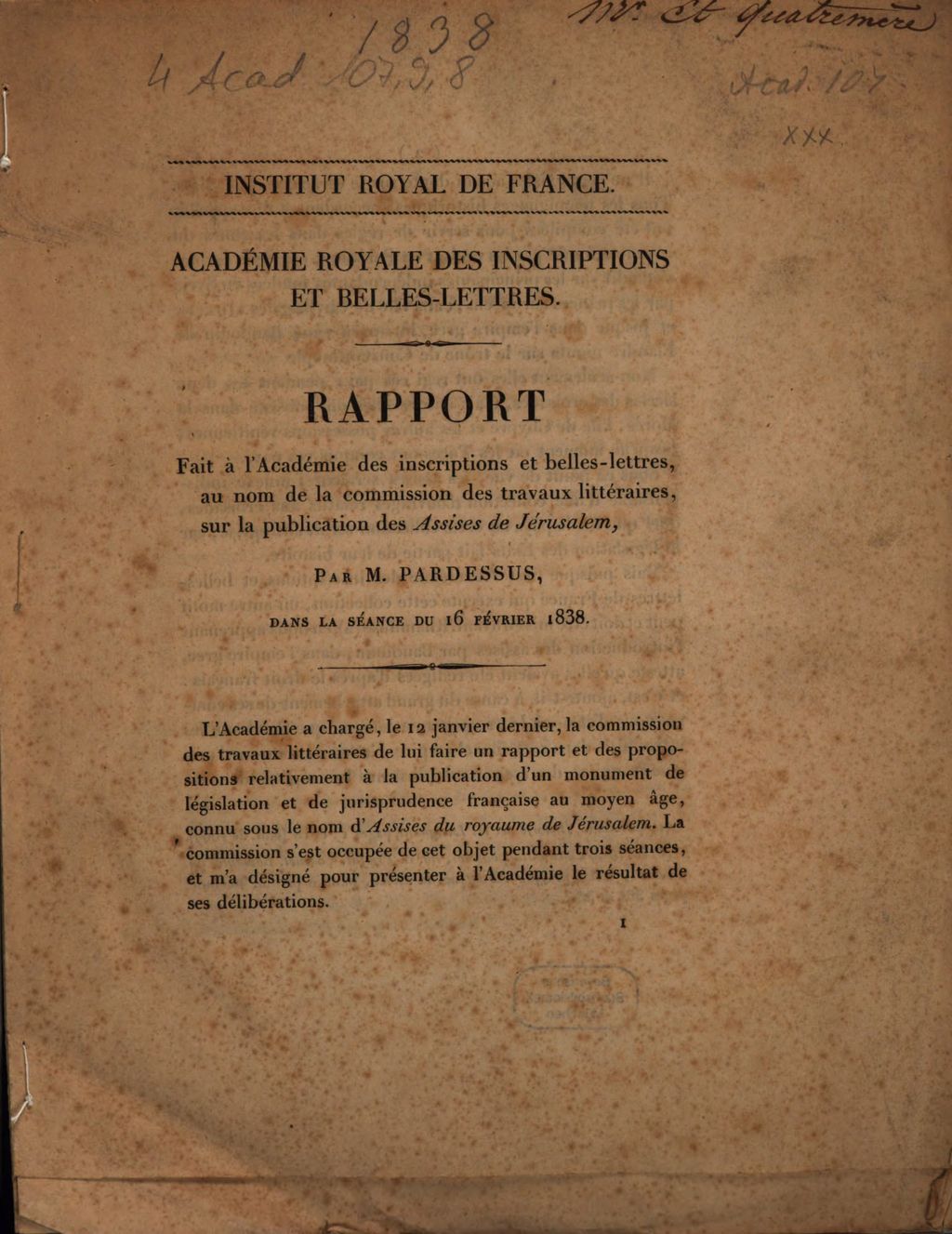 Cover of Rapport fait a l'Académie des Inscriptions et Belles-Lettres, au nom de la Commission des travaux littéraires, sur la publication des Assises de Jérusalem
