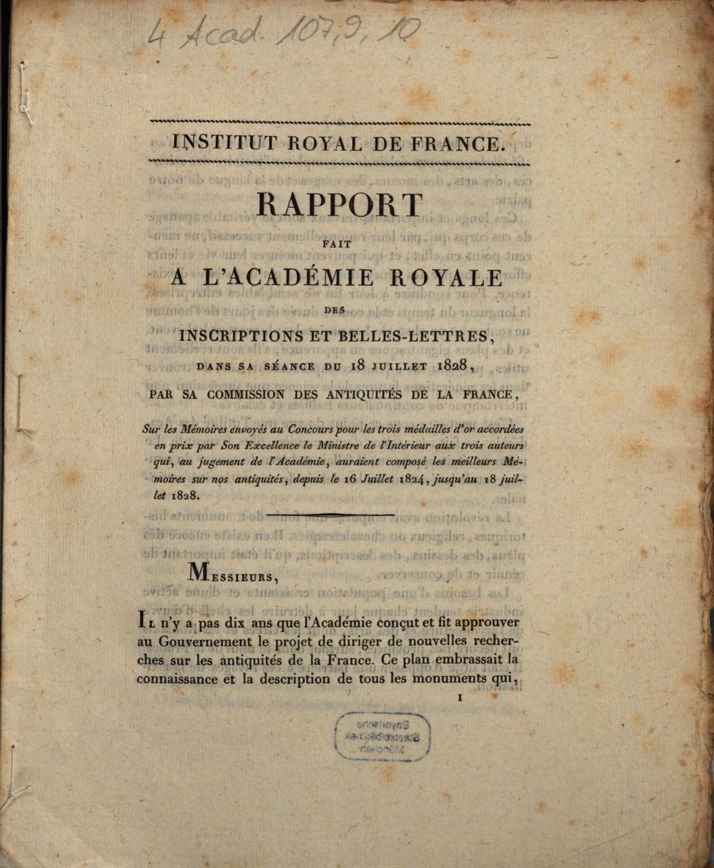 Cover of Rapport fait à l'Academie roy. des inscriptions et belles-lettres dans sa séance du 18 juillet 1828, par sa Commision des antiquités de la France, sur les Mémoires (sur les antiquités nationales) envoyés au Concours pour le trois médailles d'or