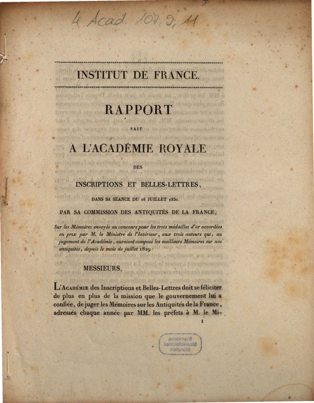 Cover of Rapport fait a l'Académie Royale des Inscriptions et Belles-Lettres, dans sa séance du 16 juillet 1830 par sa Commission des Antiquités de la France, sur les mémoires envoyés au concours pour les trois médailles d'or accordées en prix par M. le Ministre de l'Intérieur