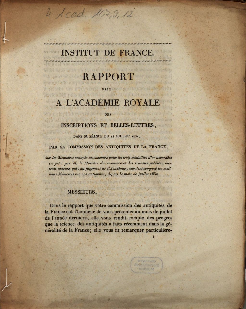 Cover of Rapport fait a l'Académie Royale des Inscriptions et Belles-Lettres, dans sa séance du 15 juillet 1831 par sa Commission des Antiquités de la France, sur les mémoires envoyés au concours pour les trois médailles d'or accordées en prix par M. le Ministre du commerce