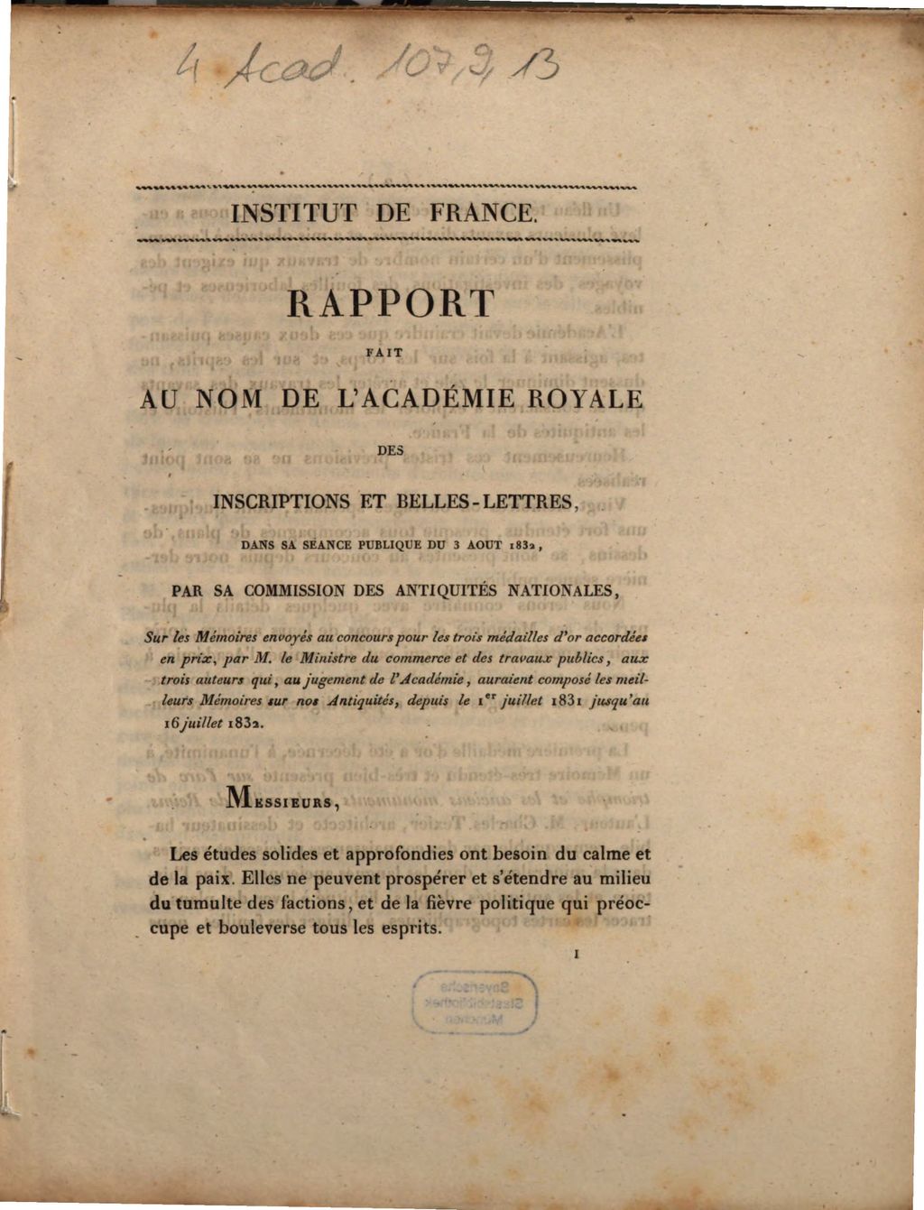 Cover of Rapport fait au nom de l'Académie roy. des inscriptions et belles-lettres, dans sa séance publ. du 3 août 1832, par sa Commission des antiquités nationales, sur les Mémoires (sur les antiquités nationales) envoyés au concours pour les trois médailles d'or