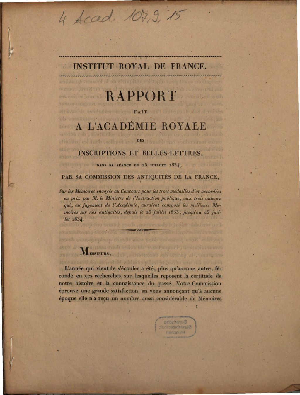 Cover of Rapport fait a l'Académie Royale des Inscriptions et Belles-Lettres, dans sa séance du 25 juillet 1834, par sa Commission des Antiquités de la France, sur les mémoires envoyés au concours pour les trois médailles d'or accordées en prix par M. le Ministre de l'instrution publique