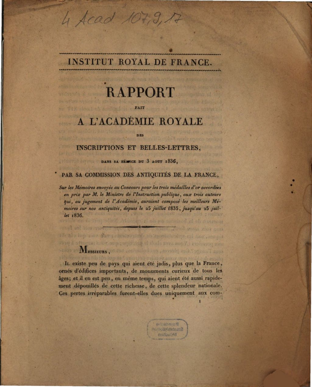 Cover of Rapport fait a l'Académie Royale des Inscriptions et Belles-Lettres, dans sa séance du 3 août 1836, par sa Commission des Antiquités de la France, sur les mémoires envoyés au concours pour les trois médailles d'or accordées en prix par M. le Ministre de l'instrution publique