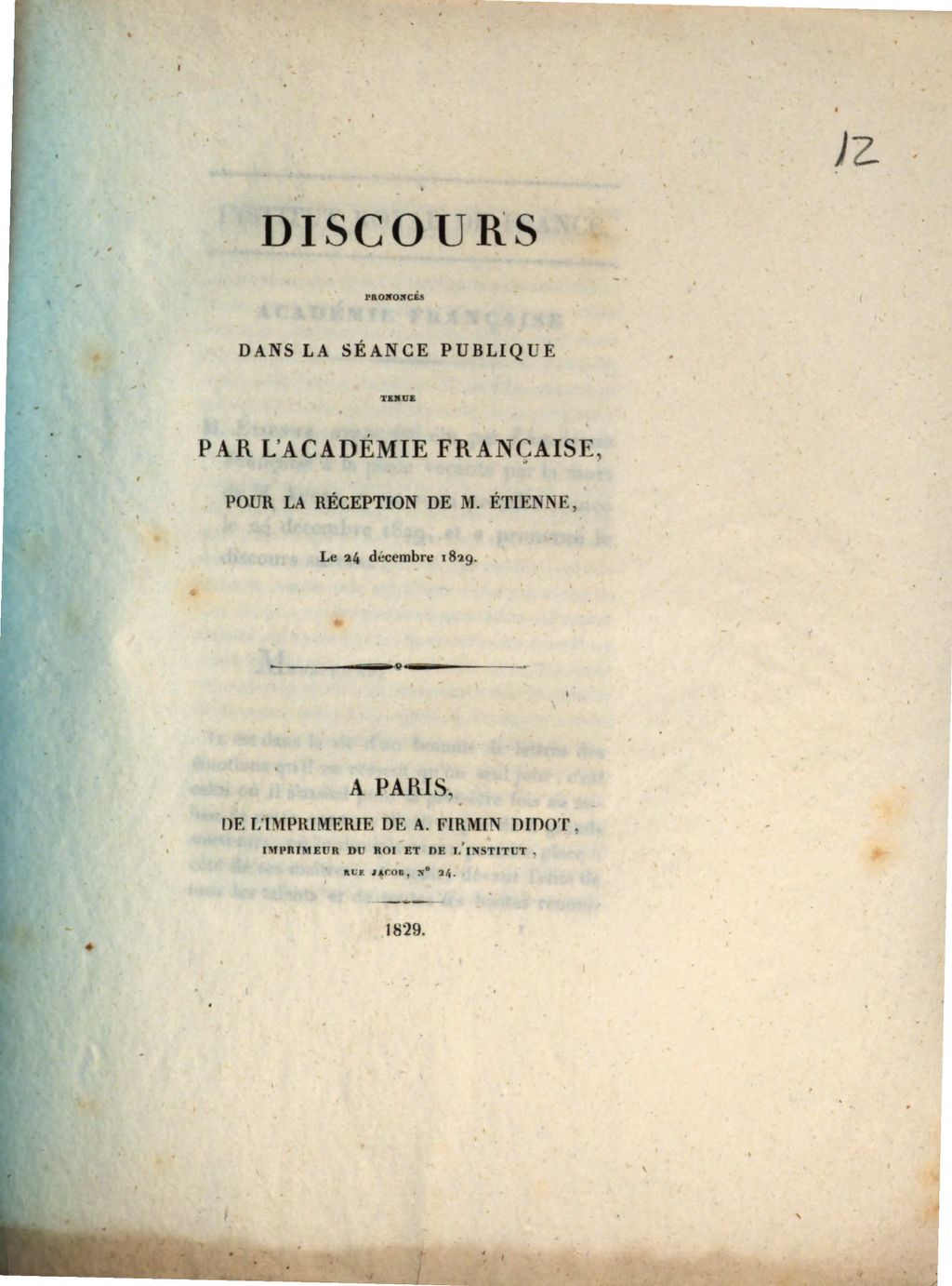 Cover of Discours prononcés dans la séance publique tenue par l'Académie française pour la reception de M. Étienne