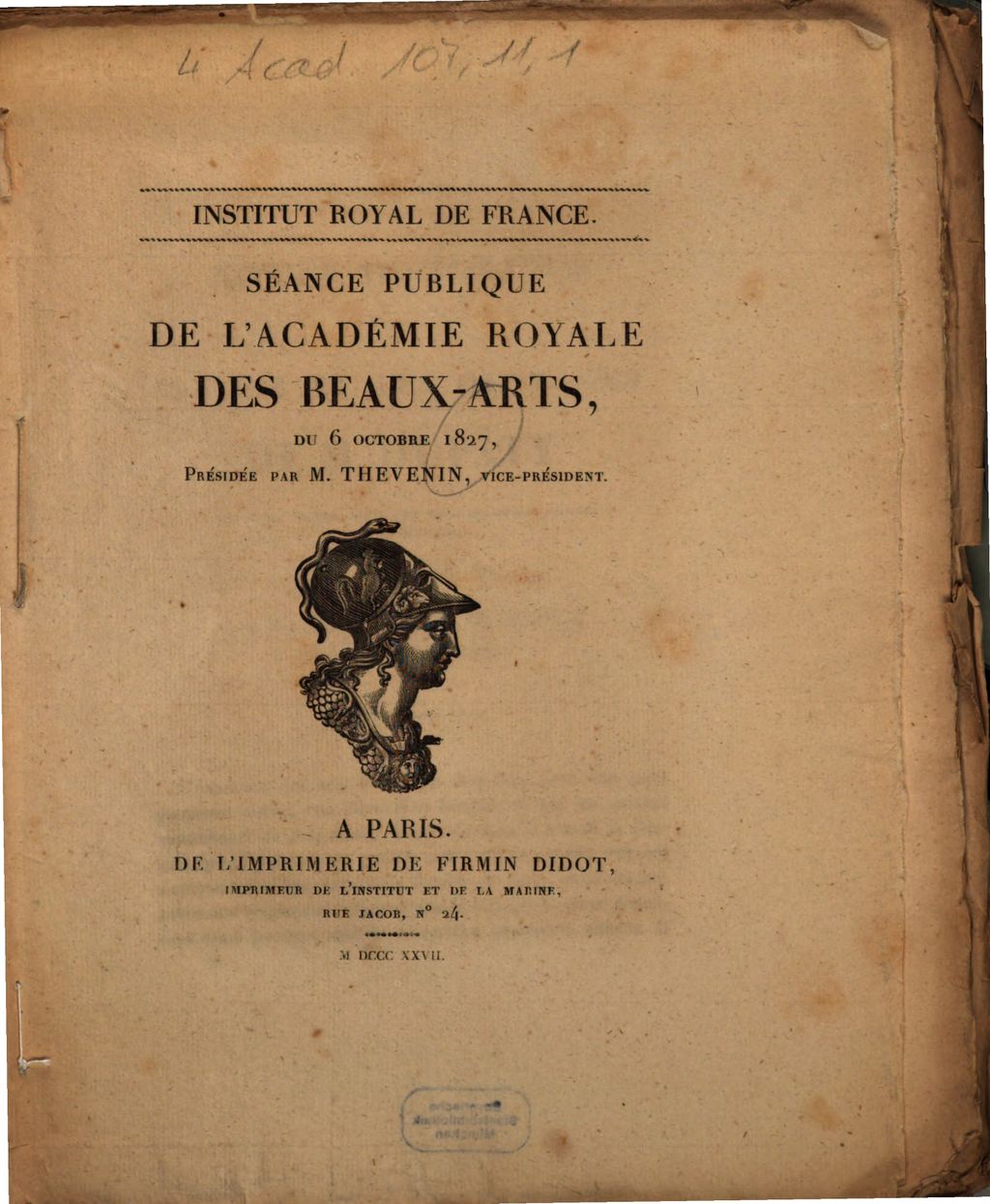Cover of Séance publique de l'Académie Royale des Beaux-Arts, du 6 octobre 1827