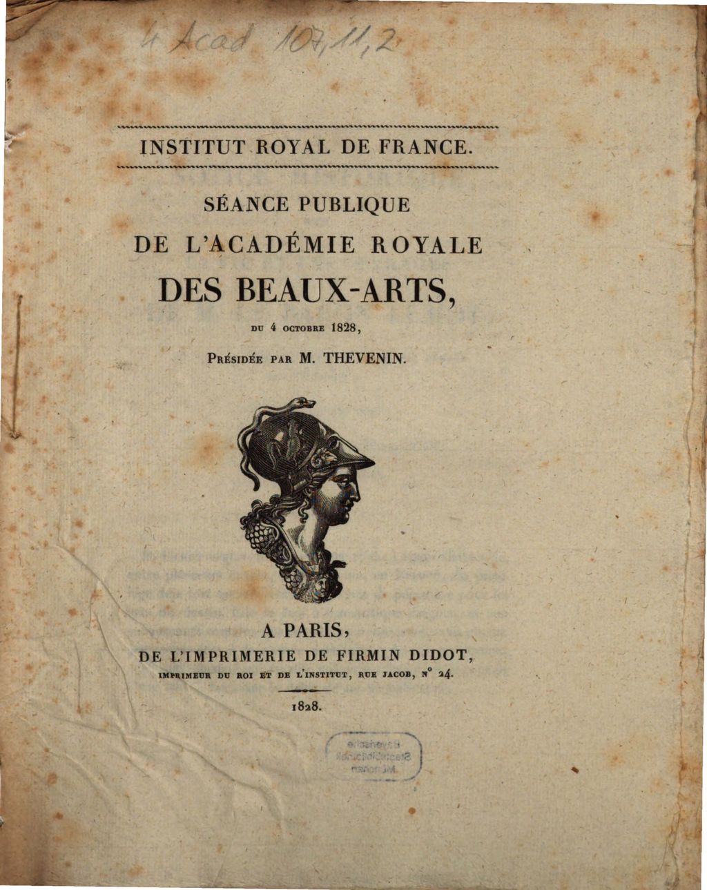 Cover of Séance publique de l'Académie Royale des Beaux-Arts, du 4 octobre 1828