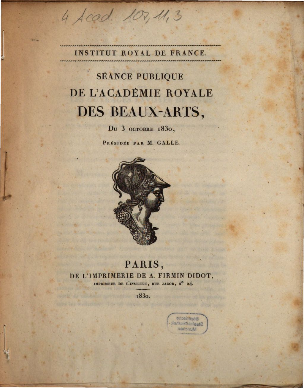 Cover of Séance publique de l'Académie Royale des Beaux-Arts, du 3 octobre 1830