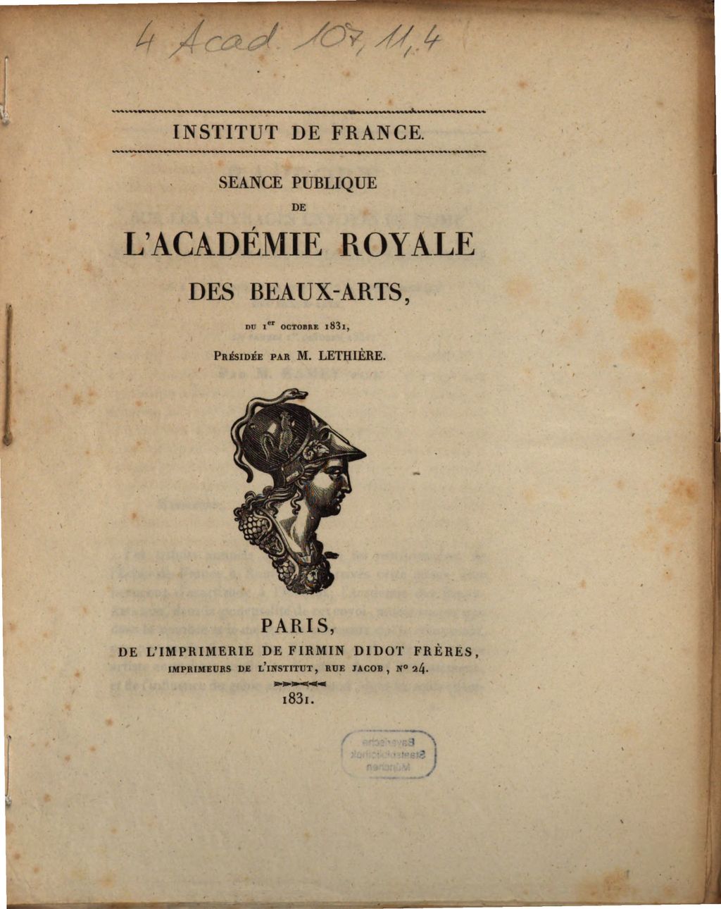 Cover of Séance publique de l'Académie Royale des Beaux-Arts, du 1er octobre 1831