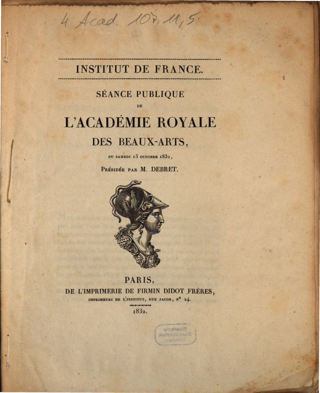 Cover of Séance publique de l'Académie Royale des Beaux-Arts, du samedi 13 octobre 1832