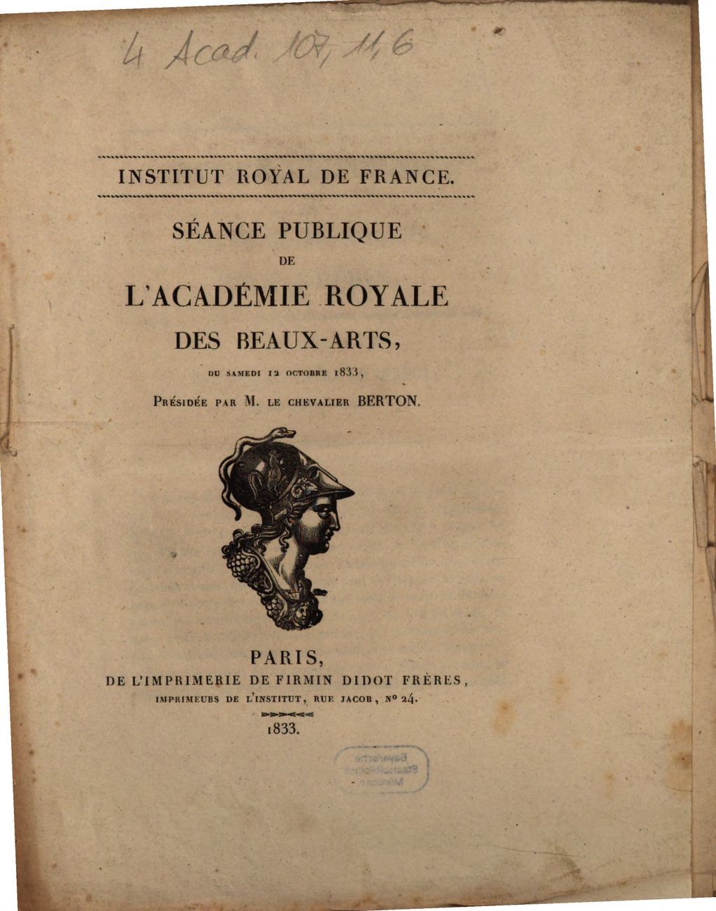 Cover of Séance publique de l'Académie Royale des Beaux-Arts, du samedi 12 octobre 1833