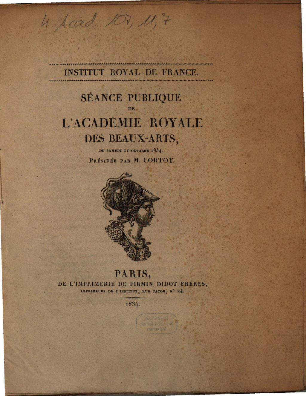 Cover of Séance publique de l'Académie Royale des Beaux-Arts, du samedi 11 octobre 1834