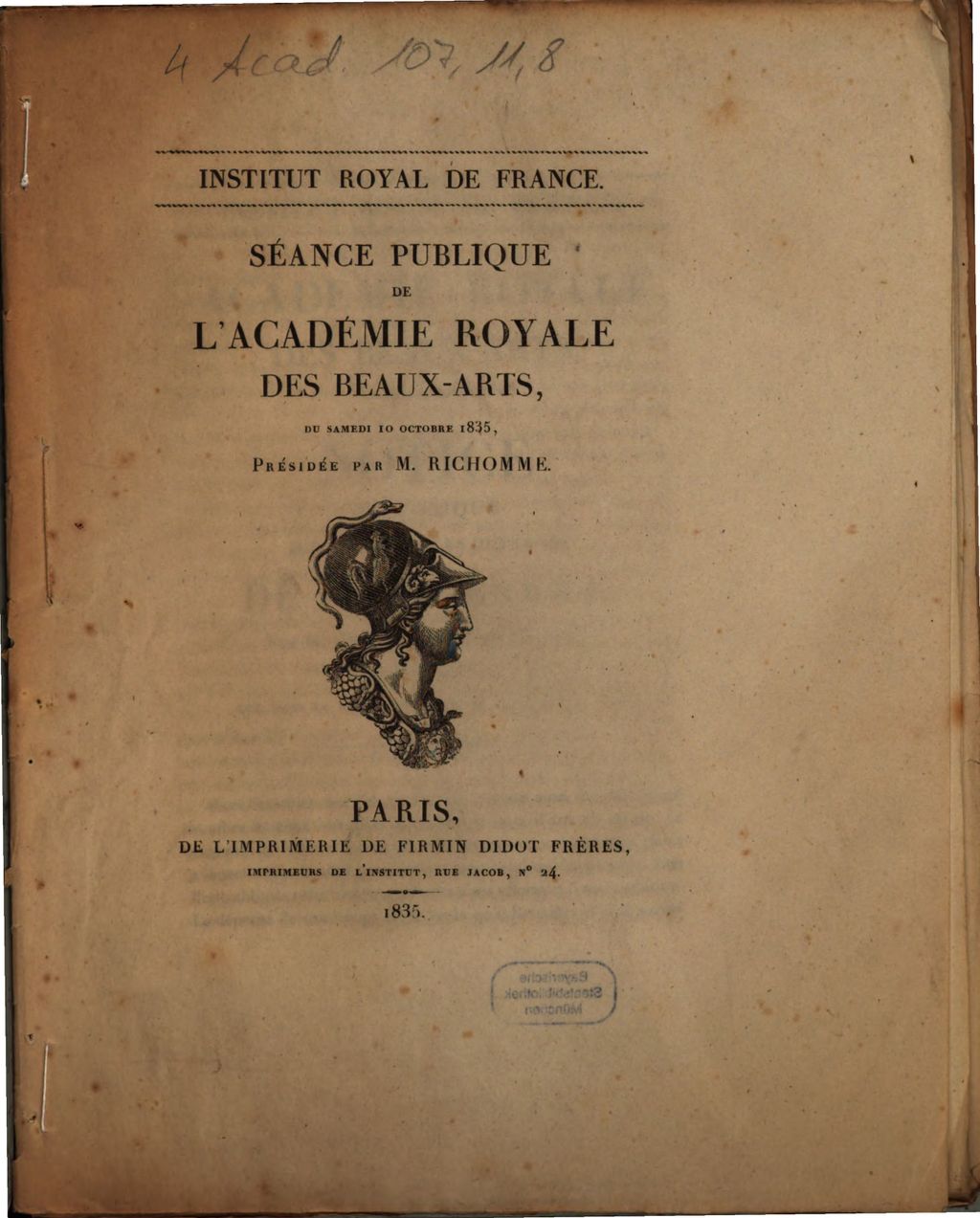 Cover of Séance publique de l'Académie Royale des Beaux-Arts, du samedi 10 octobre 1835