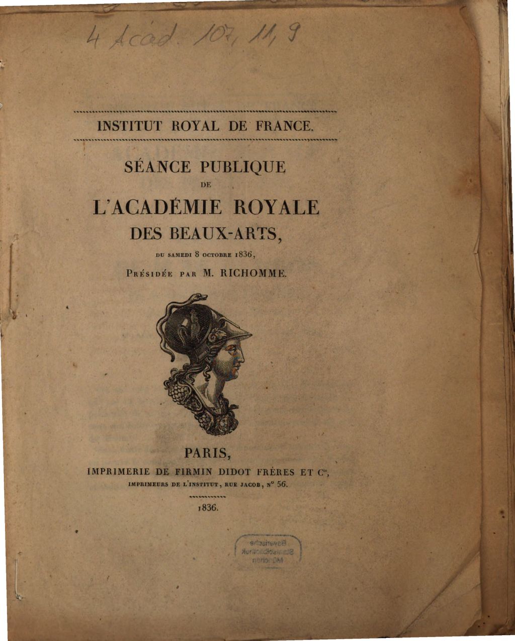 Cover of Séance publique de l'Académie Royale des Beaux-Arts, du samedi 8 octobre 1836