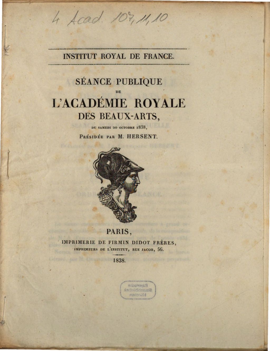 Cover of Séance publique de l'Académie Royale des Beaux-Arts, du samedi 20 octobre 1838