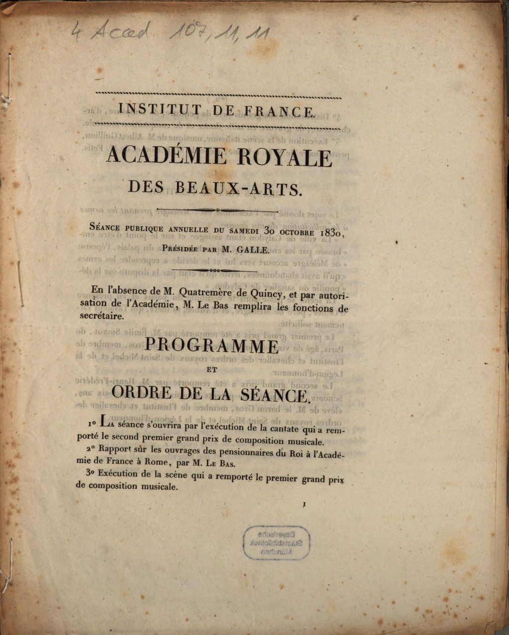 Cover of Académie Royale des Beaux-Arts. Séance publique annuelle du samedi 30 octobre 1830