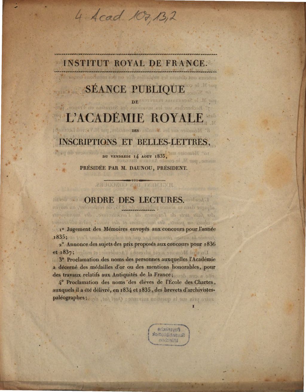 Cover of Séance publique de l'Académie Royale des Inscriptions et Belles-Lettres, du vendredi 14 août 1835