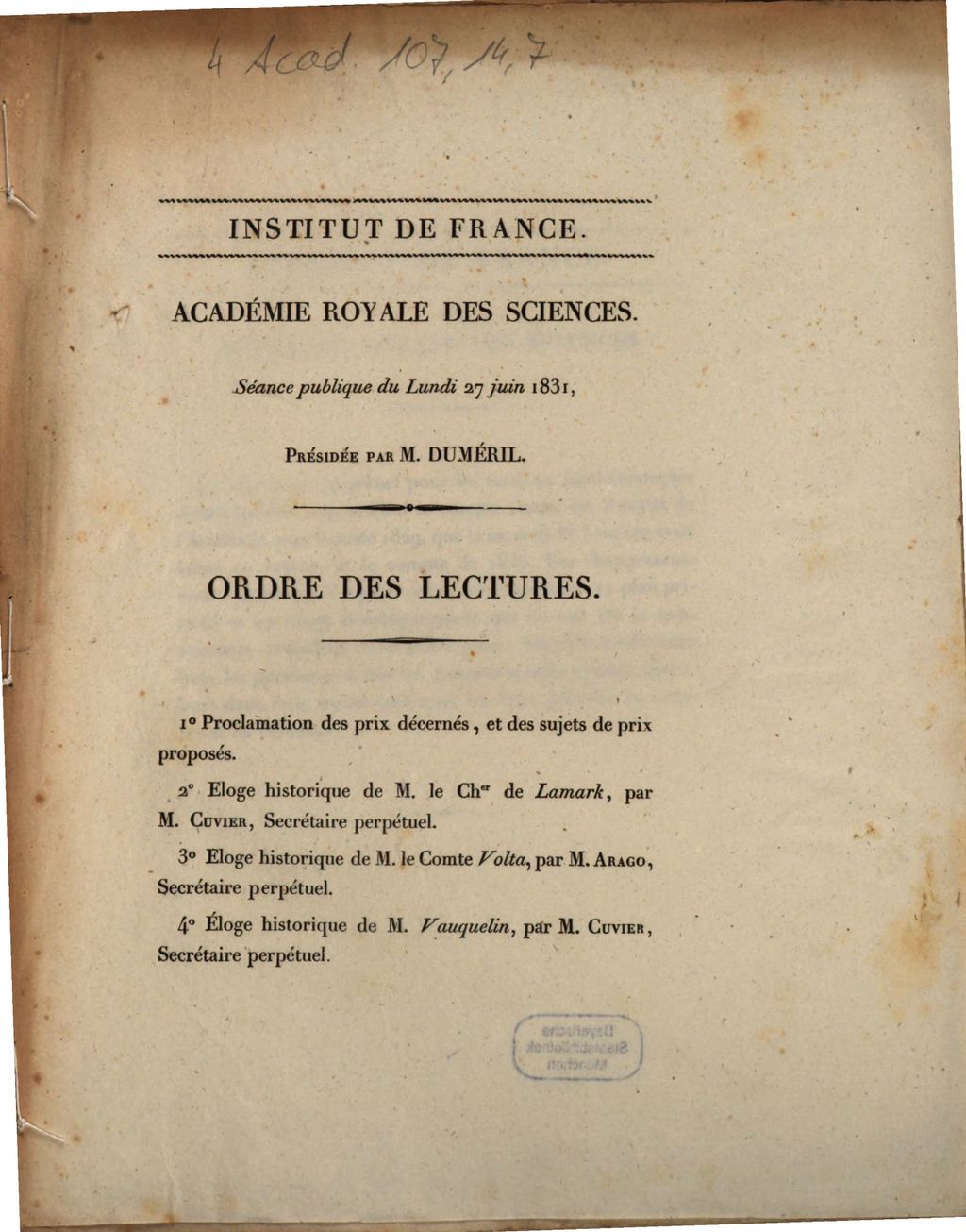 Cover of Académie Royale des Sciences. Séance publique du lundi 27 juin 1831