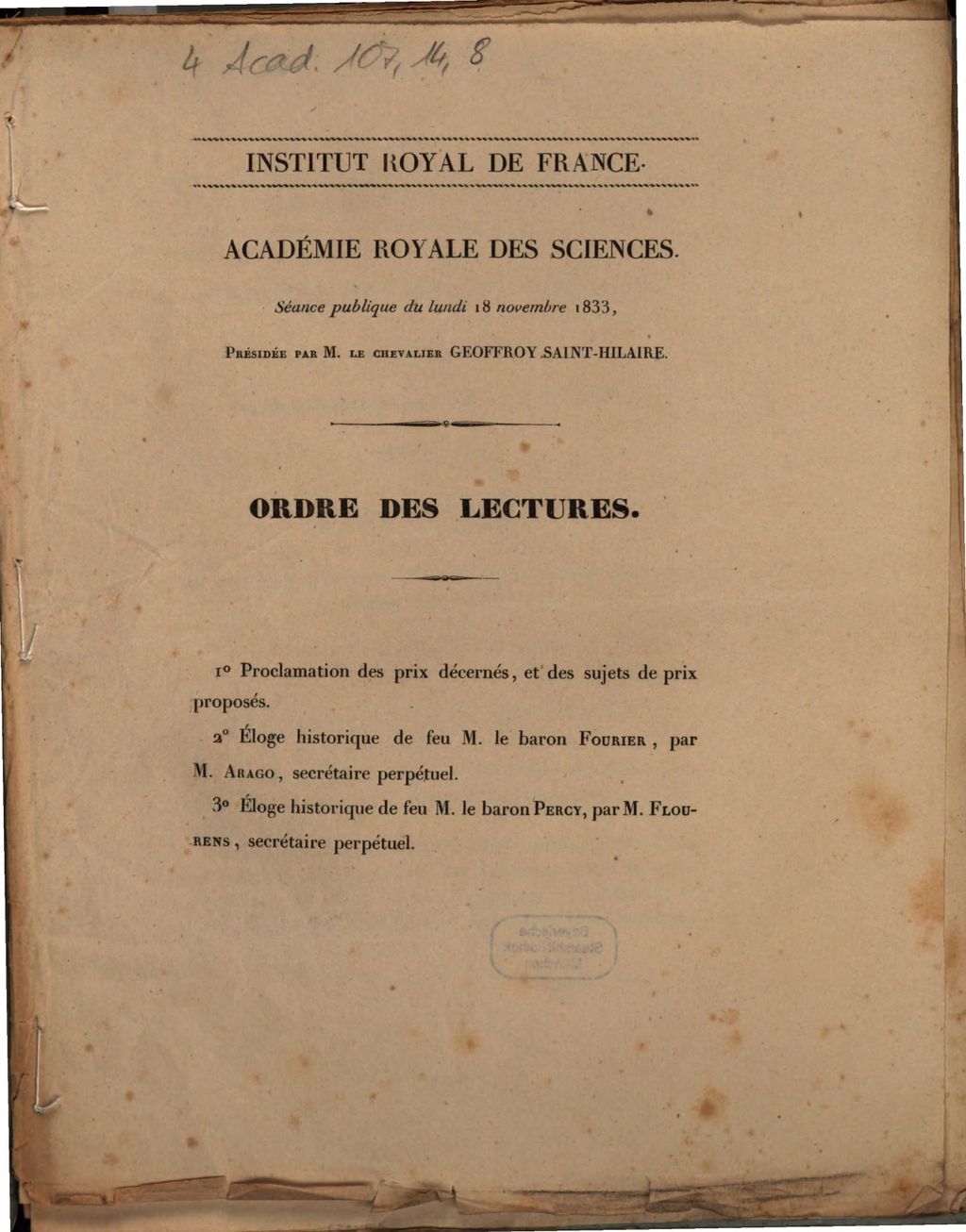 Cover of Académie Royale des Sciences. Séance publique du lundi 18 novembre 1833