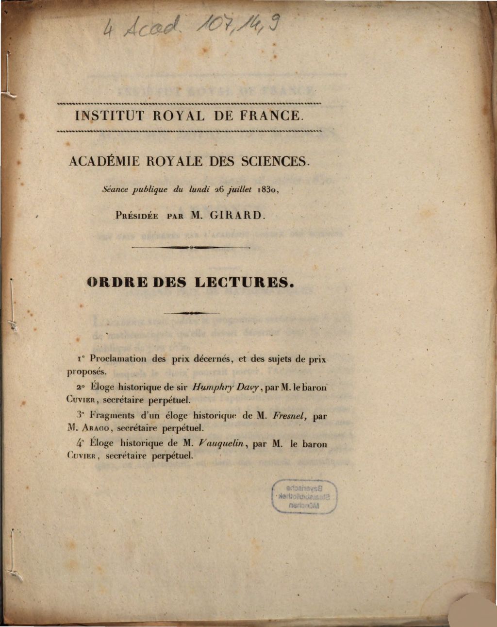 Cover of Académie Royale des Sciences. Séance publique du lundi 26 juillet 1830