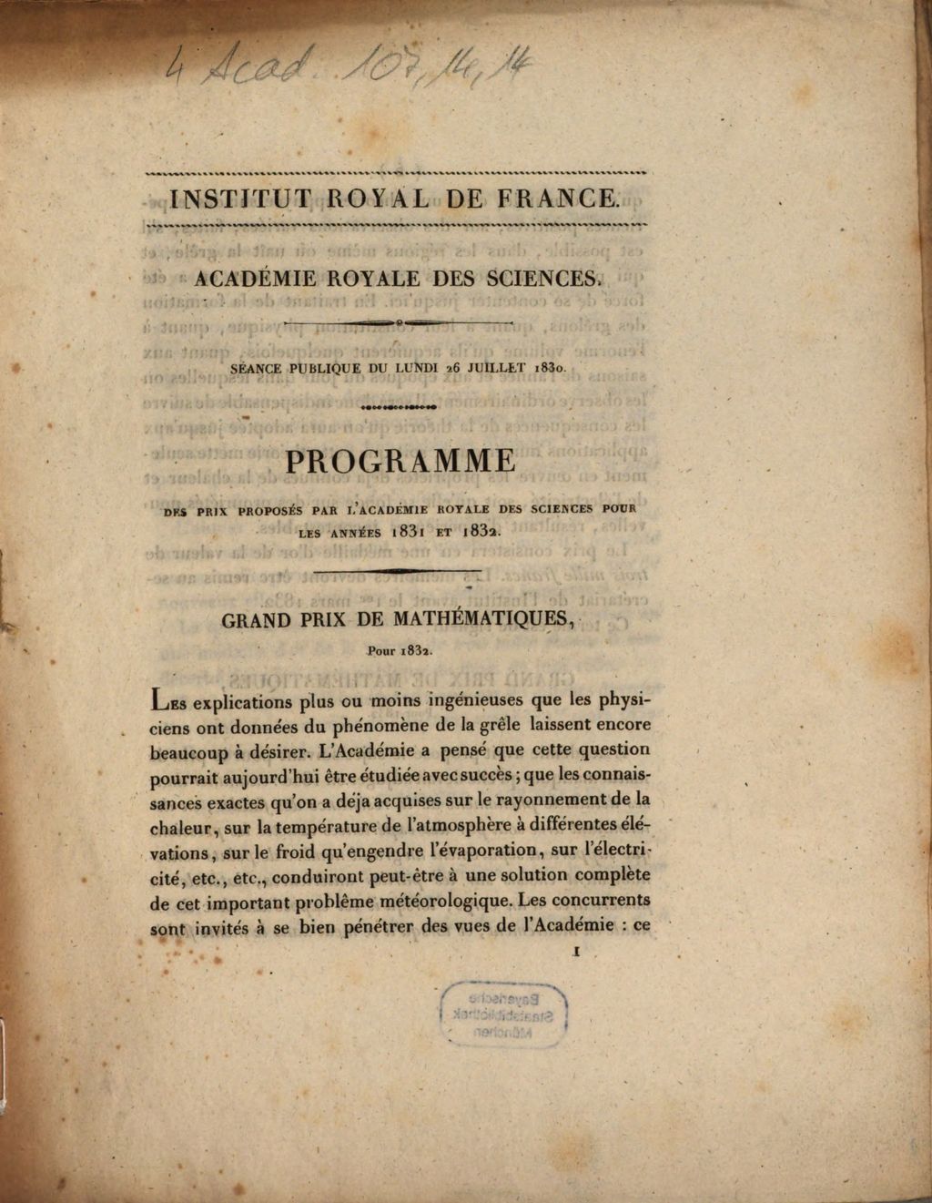 Cover of Académie Royale des Sciences. Séance publique du lundi 26 juillet 1830