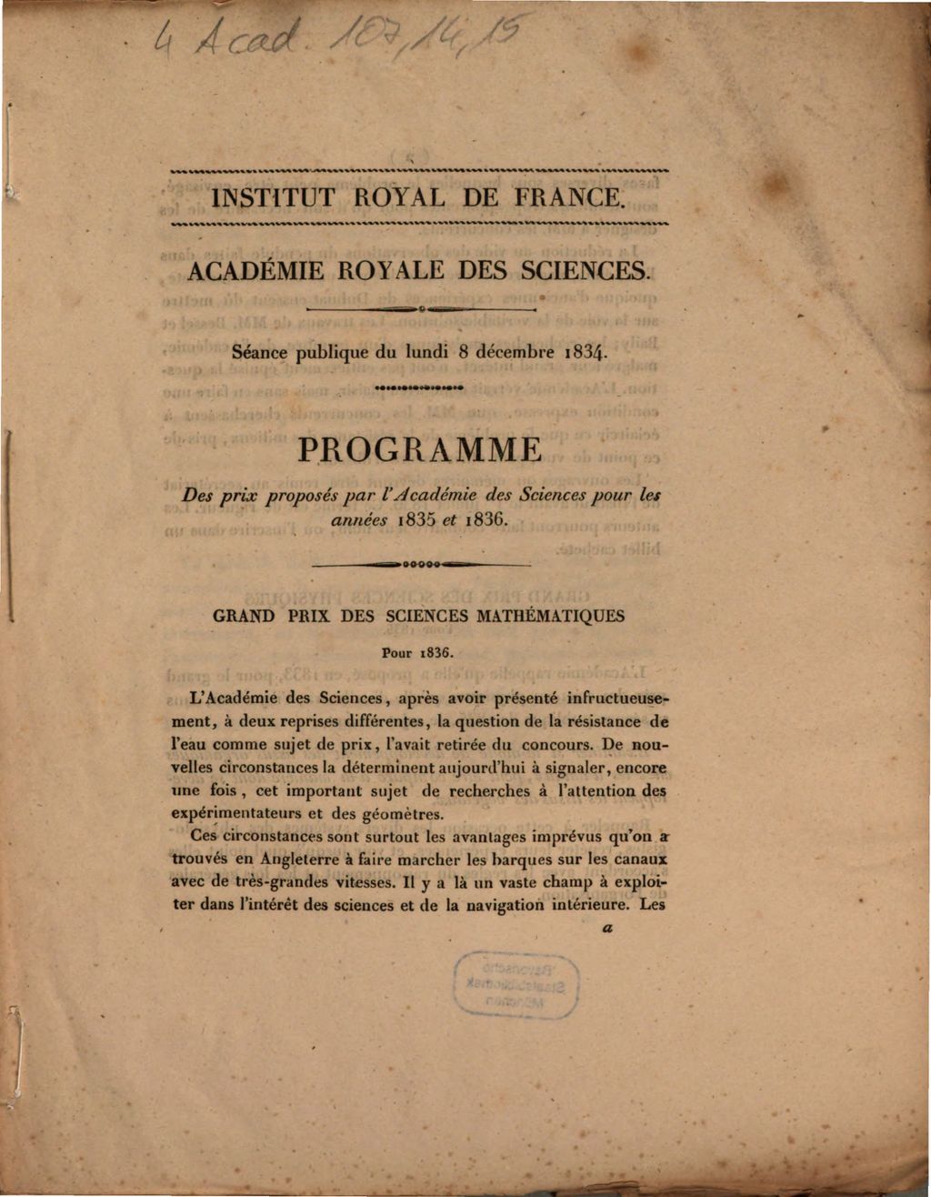 Cover of Académie Royale des Sciences. Séance publique du lundi 8 décembre 1834