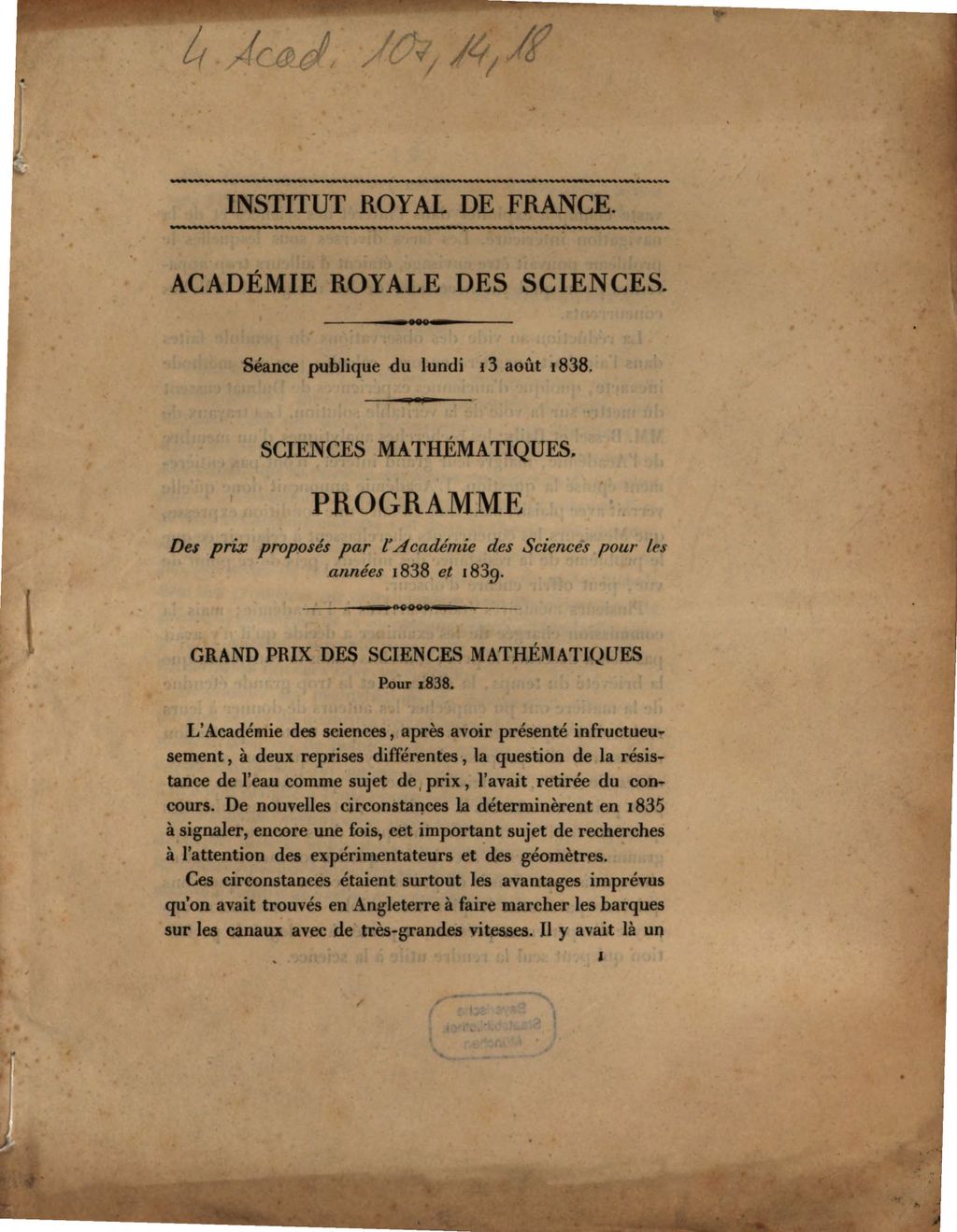 Cover of Académie Royale des Sciences. Séance publique du lundi 13 août 1838