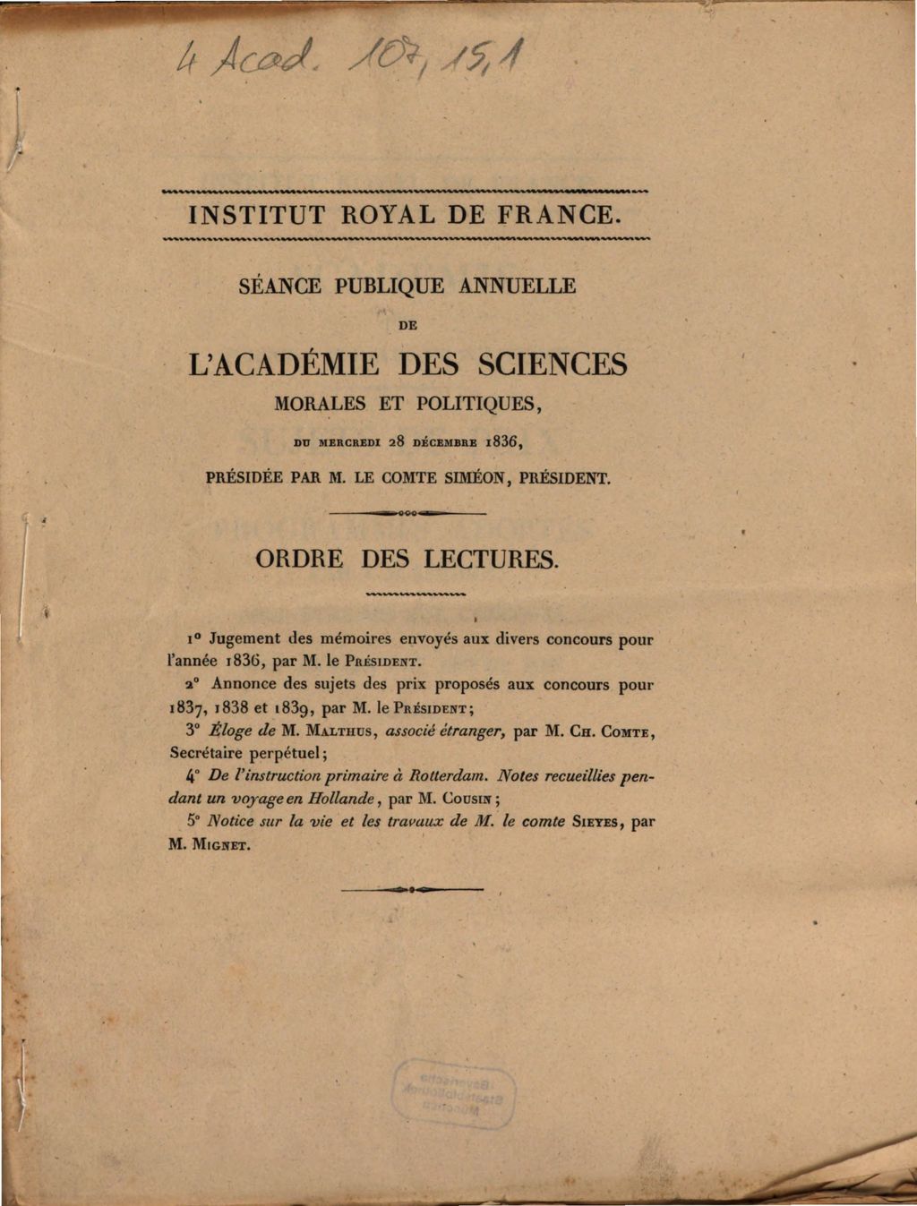 Cover of Séance publique annuelle de l'Académie Royale des Sciences Morales et Politiques, du mercredi 28 décembre 1836