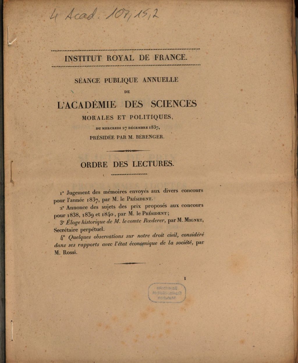 Cover of Séance publique annuelle de l'Académie Royale des Sciences Morales et Politiques, du mercredi 27 décembre 1837
