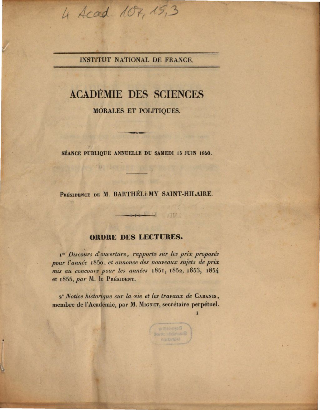Cover of Académie Royale des Sciences Morales et Politiques. Séance publique annuelle du samedi 15 juin 1850