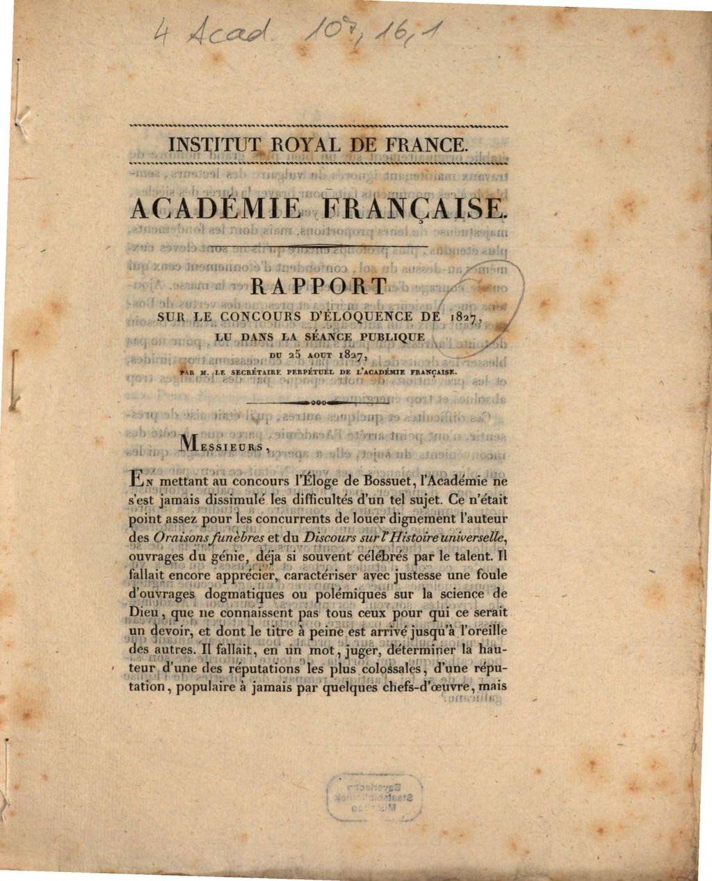 Cover of Académie Française. Rapport sur le concours d'éloquence de 1827, lu dand la séance publique du 25 aout 1827
