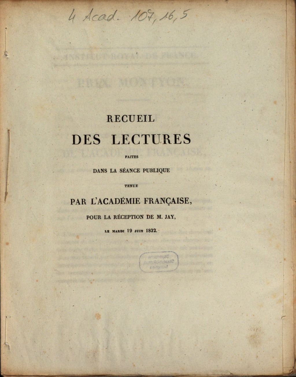 Cover of Recueil de lectures faites dans la séance publique tenue par l'Académie Française, pour la réception de M. Jay, le mardi 19 juin 1832