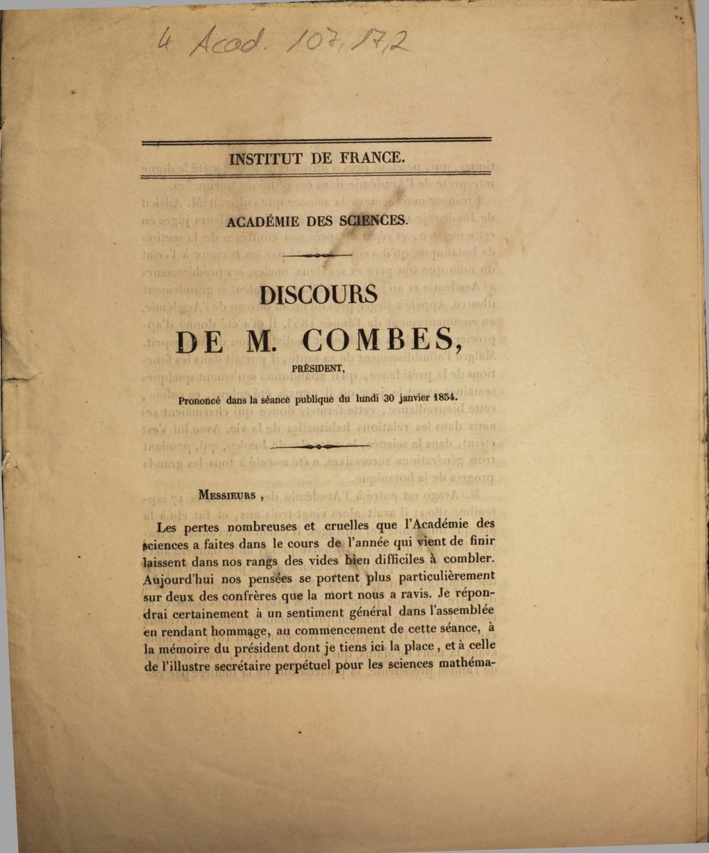 Cover of Académie des Sciences. Discours de M. Combes, président