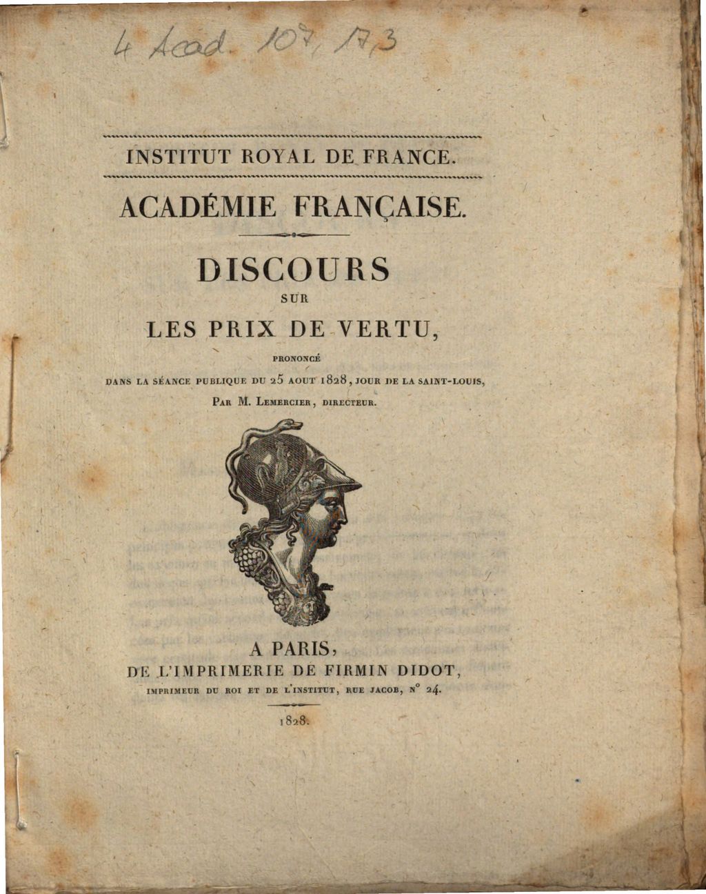Cover of Académie Française. Discours sur les prix de vertu