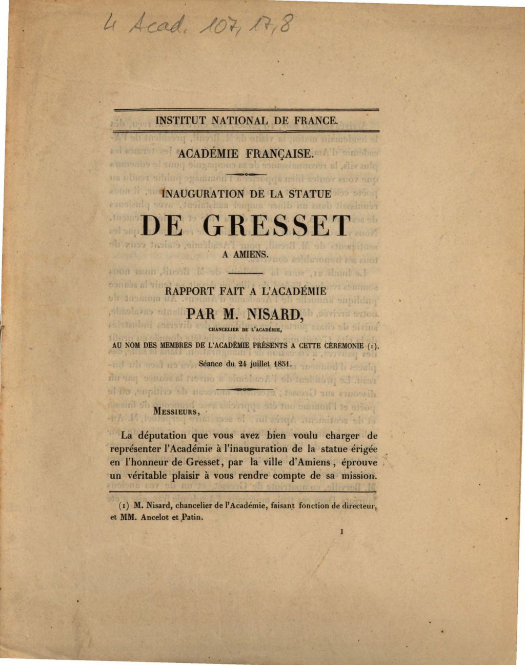 Cover of Académie Française. Inauguration de la statue de Gresset a Amiens