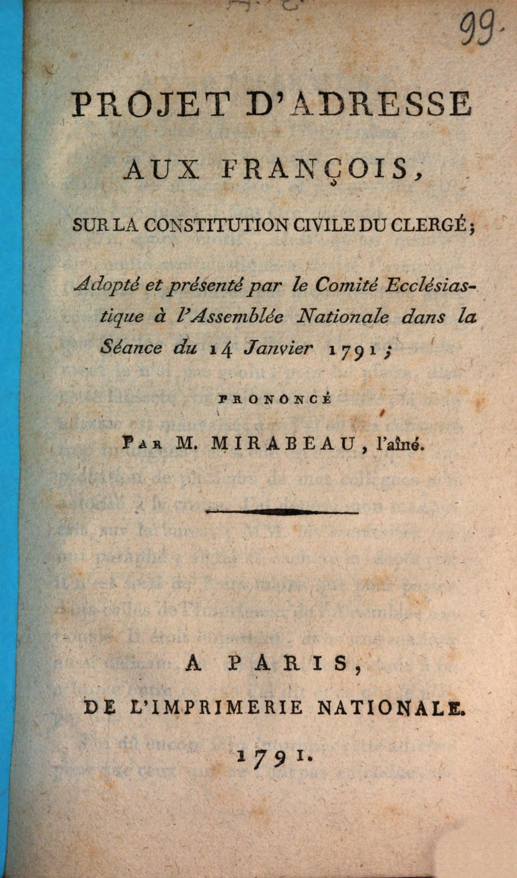 Cover of Projet d'adresse aux François sur la Constitution civile du clergé