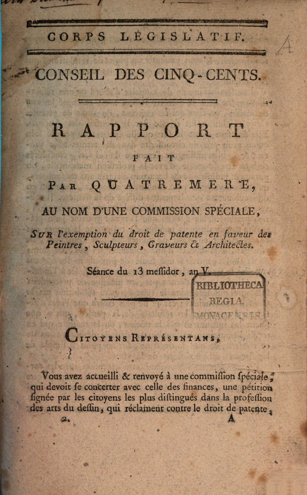 Cover of Rapport fait par Antoine de Quatremère de Quincy au nom d'une commission spéciale sur l'exemption du droit de patente en faveur des peintres, sculpteurs graveurs et architectes