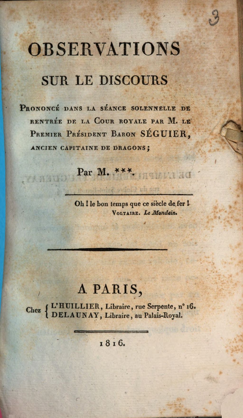 Cover of Observations sur le discours prononcé dans la séance solennelle de rentrée de la Cour royale par M. le Premier Président Baron Séguier, ancien capitaine de Dragons