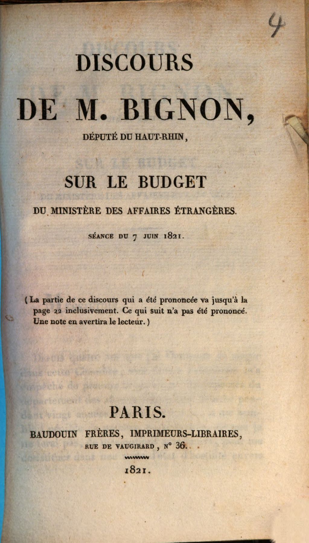 Cover of Discours sur le budget du ministère des affaires étrangères