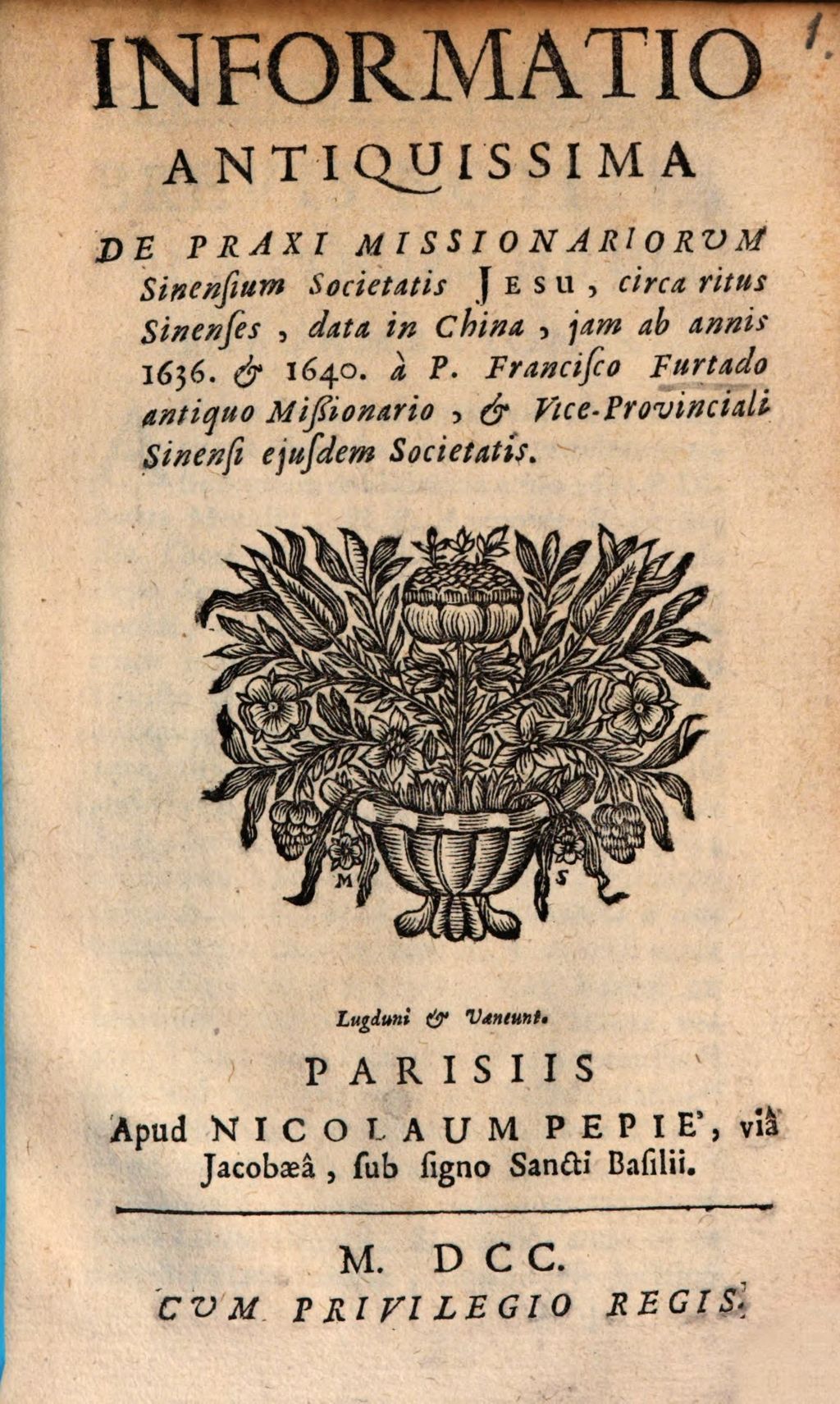 Cover of Informatio antiquissima de praxi missionariorum Sinensium Societatis Jesu circa ritus Sinenses