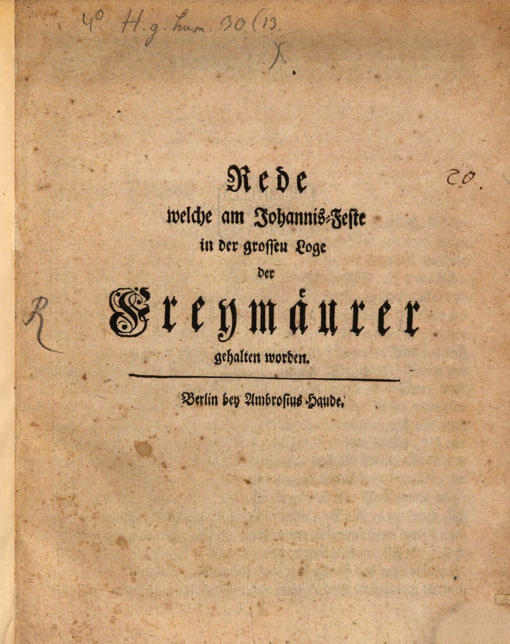 Cover of Rede welche am Johannis-Feste in der grossen Loge der Freymäurer gehalten worden