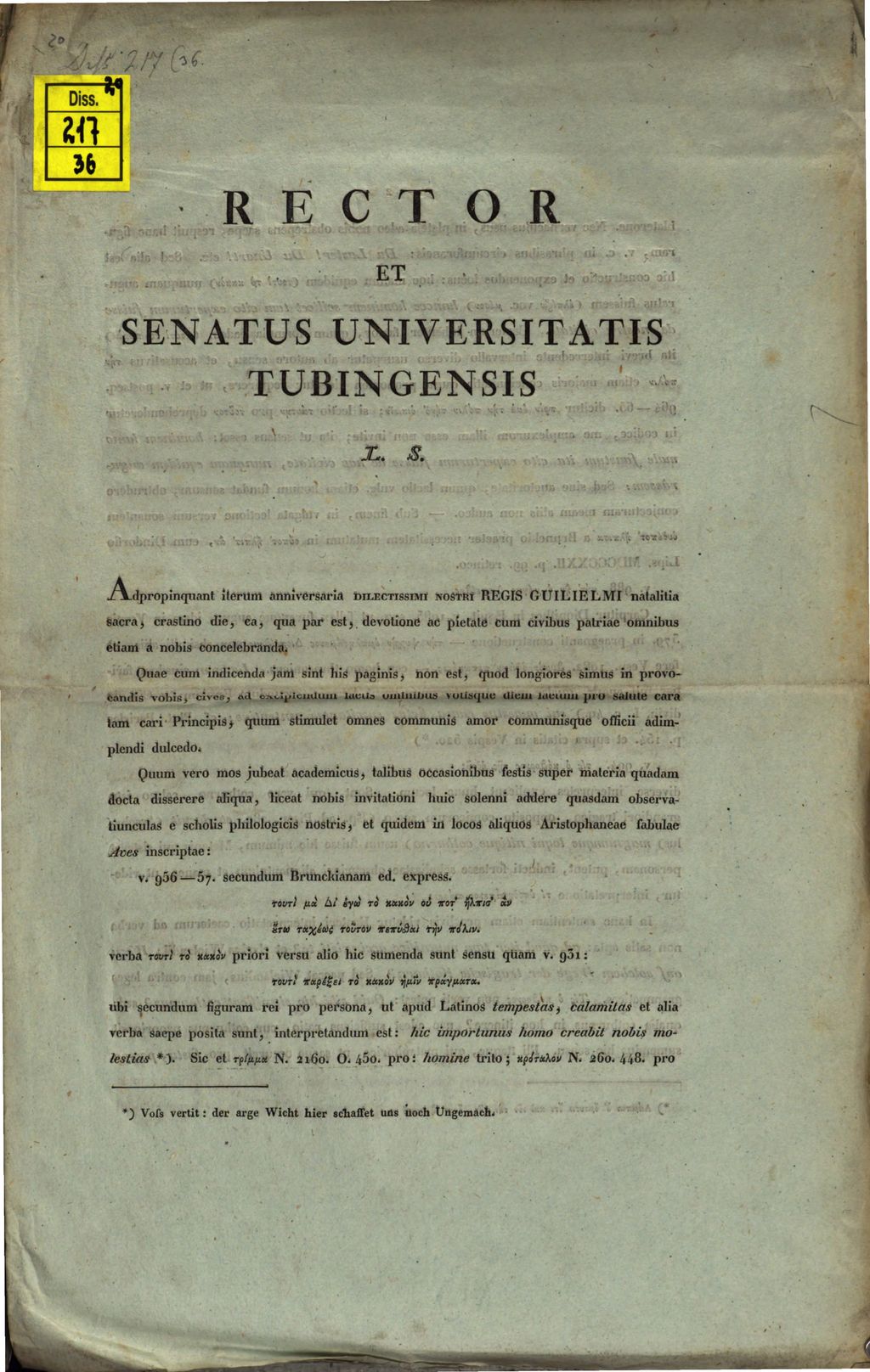 Cover of Rector et Senatus Universitatis Tubingensis L. S