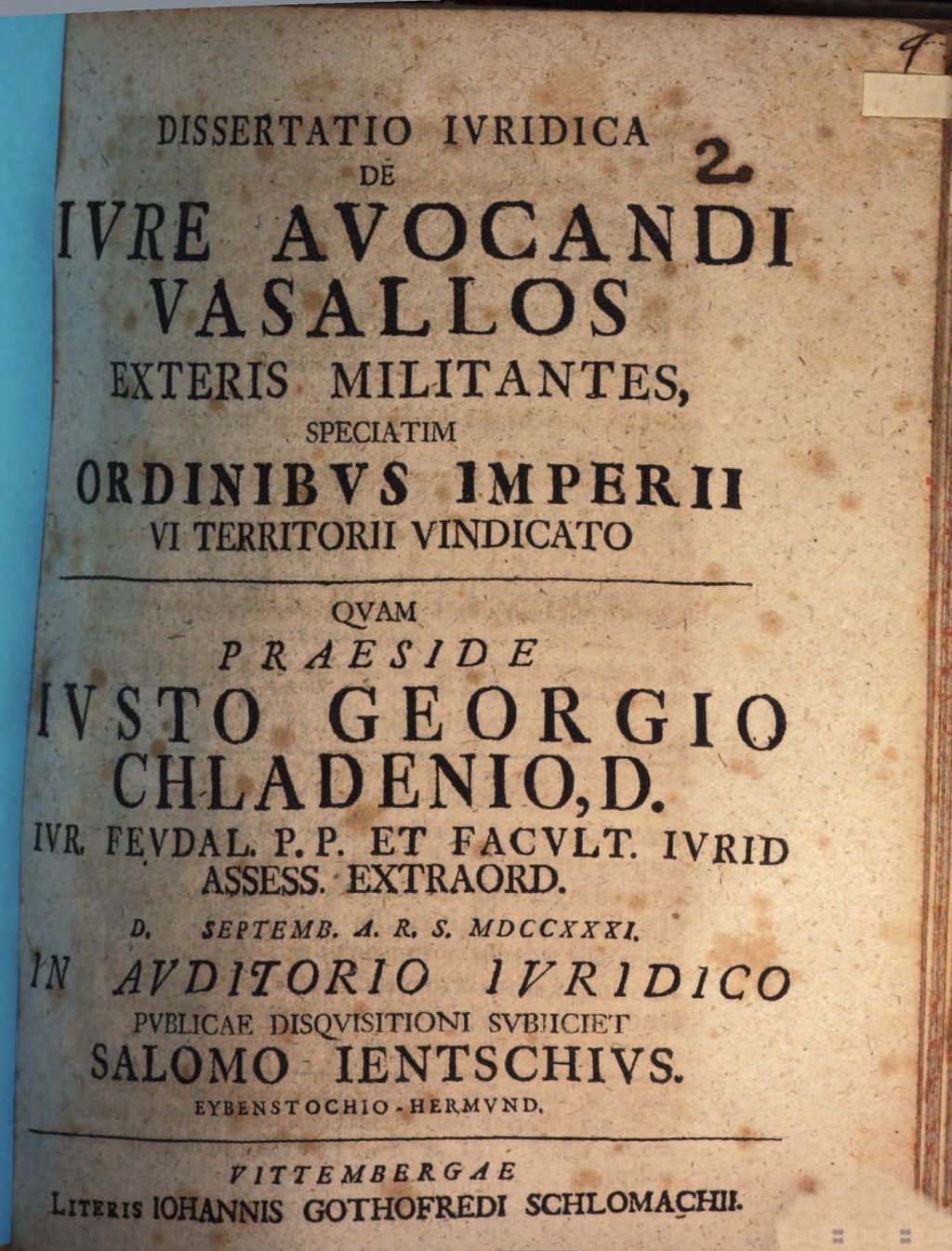 Cover of Dissertatio Ivridica De Ivre Avocandi Vasallos Exteris Militantes, Speciatim Ordinibvs Imperii VI Territorii Vindicato